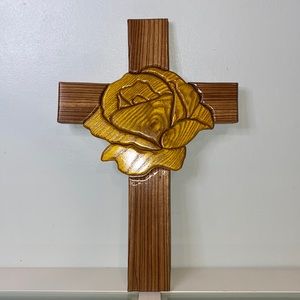 Hand Carved Wood Cross Yellow Rose Glossy Finish